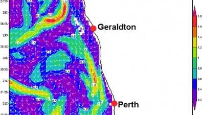 Leeuwin Ocean currents (in colour) off the West Coast of Australia (land is white)